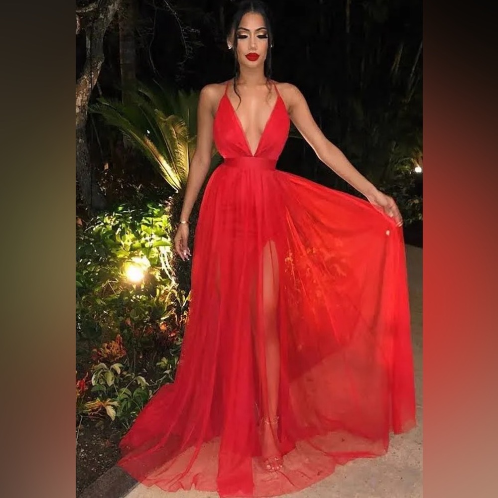 Fashion Nova Red Tulle Maxi Dress, On The Runway Maxi Dress in Red